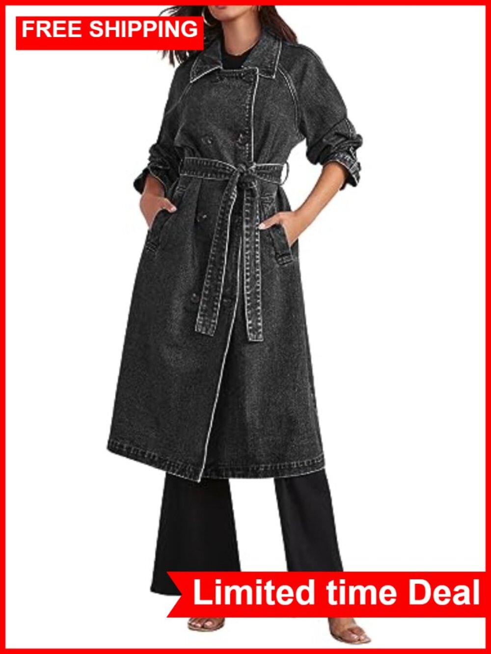 CHARTOU Women's Long Denim Trench Coat Double Breasted Belted Cotton